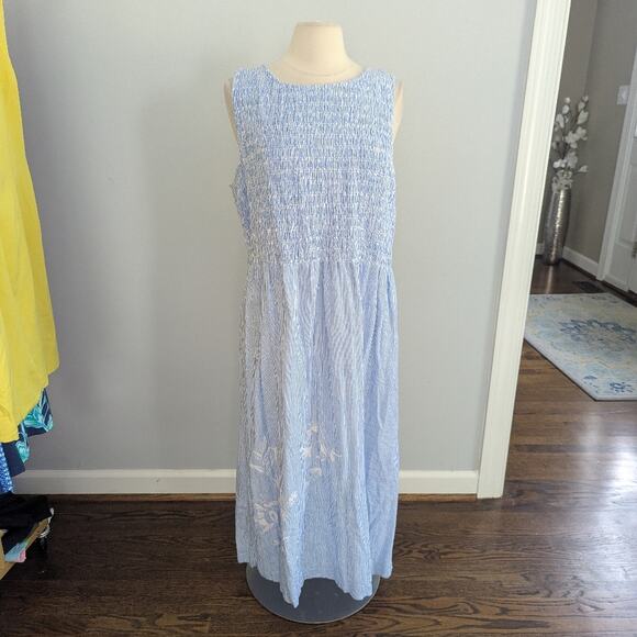 Fat Face Dresses & Skirts - Women's Fat Face 14 Blue White Floral Smocked Maxi Dress Sleeveless Stripes